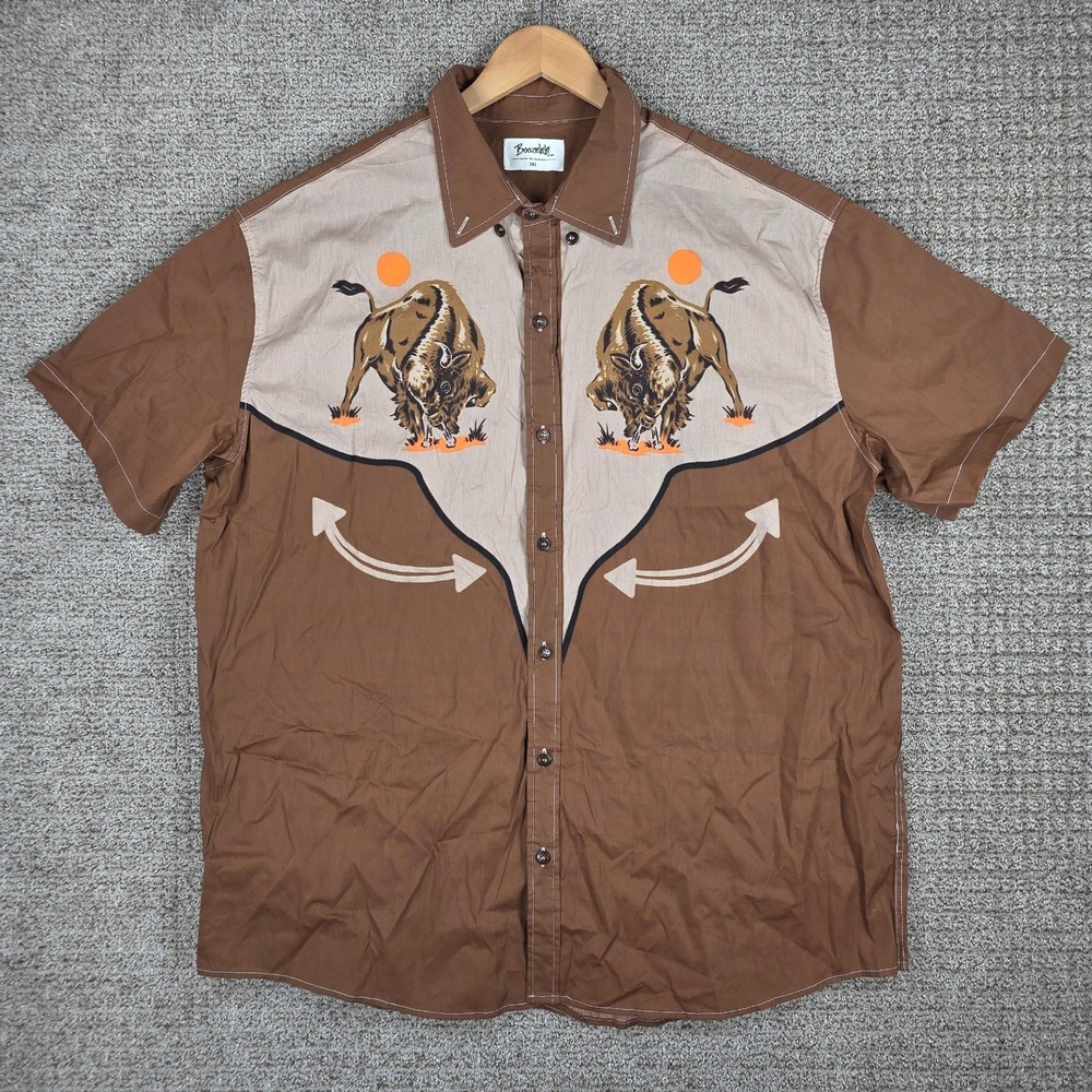 Boozelele Mens 3XL Brown Buffalo Graphic Western Short Sleeve Button Up Shirt